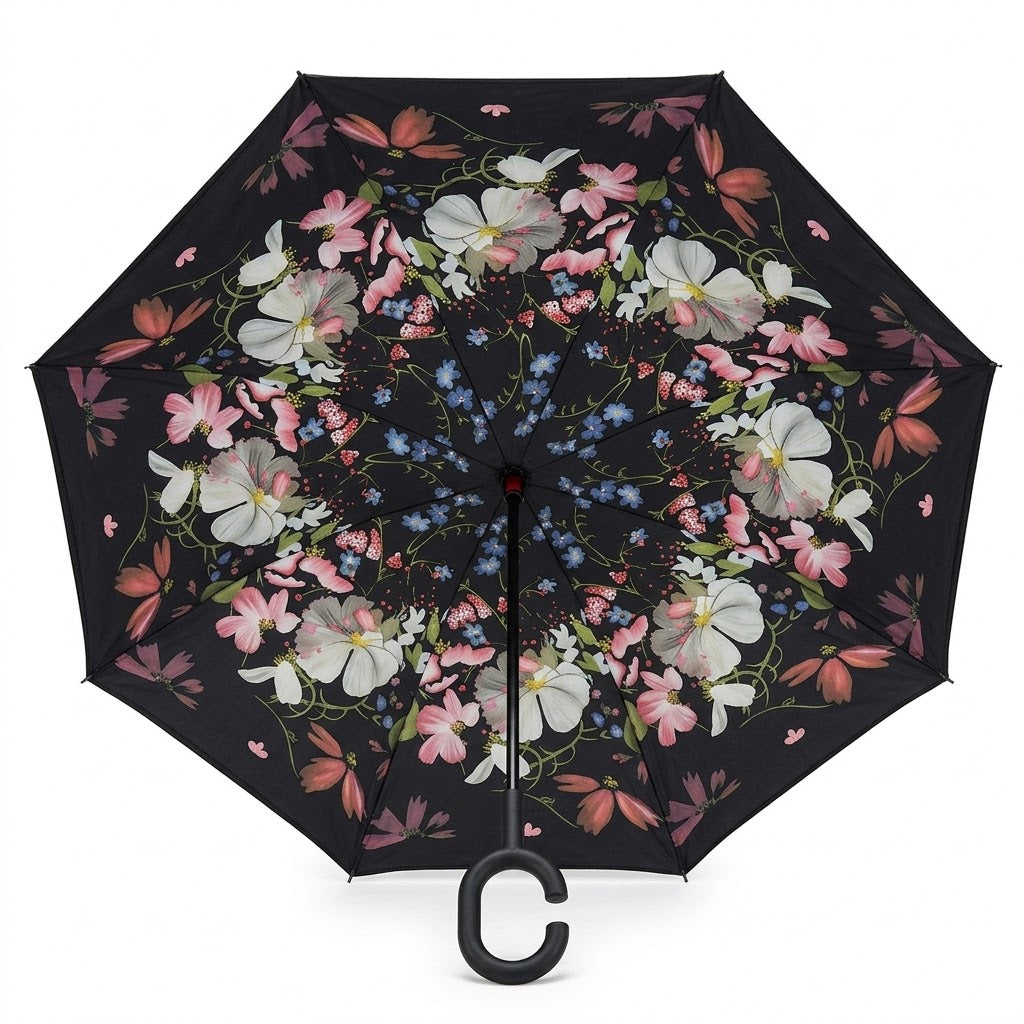 逆さがさ 黒、ピンク花